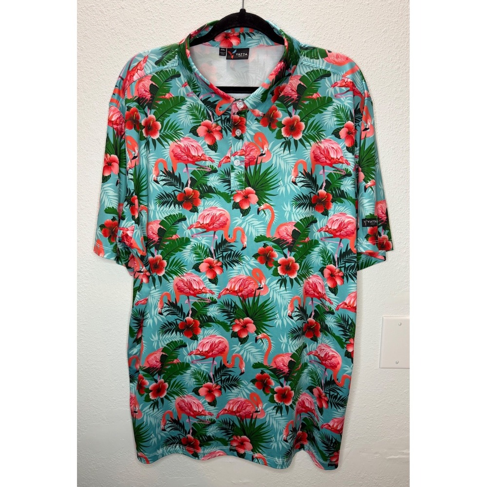 Yatta Golf Polo Shirt Mens XXL Blue Flamingo Tropical Floral Stretch